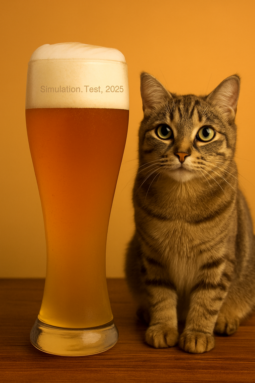 Image of a cat next to a glass of wheat beer, on which is written 'Simulation_Test_2025'.